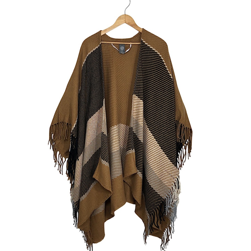 Vince Camuto 67508 Acrylic Brown Black Gray Ivory Fringe Open Poncho Ruana OS